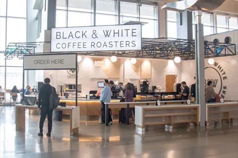 Storefront for Black & White Coffee Roasters in the Terminal 2 Marketplace